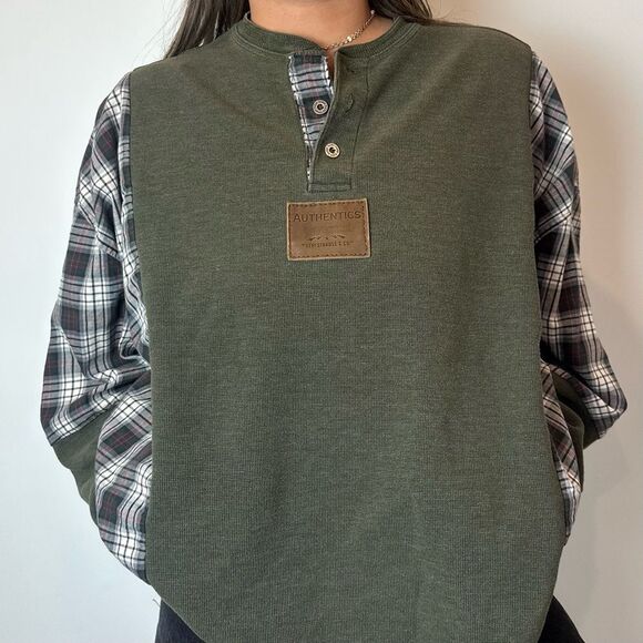 Reworked Wrangler Henley Sweater Long Sleeve Plaid Flannel Green Patchwork Shirt - Picture 3 of 4